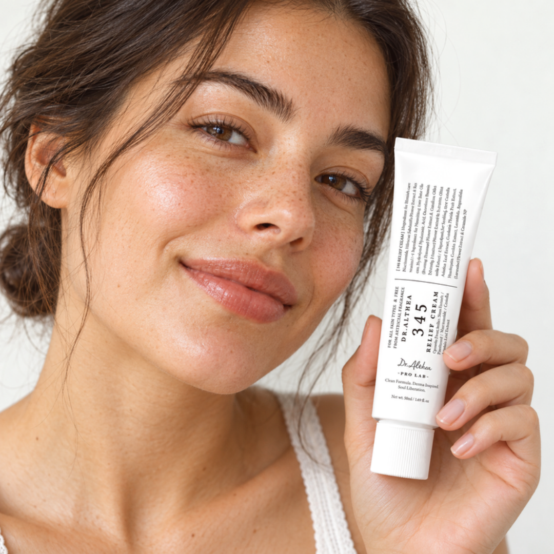 Smiling woman holding Medicode 345 Relief Cream tube next to her face