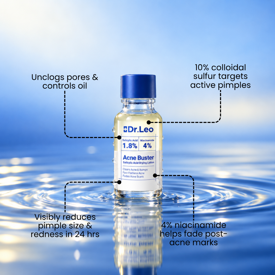 Dr.Leo Acne Buster drying lotion bottle standing in water with callout labels