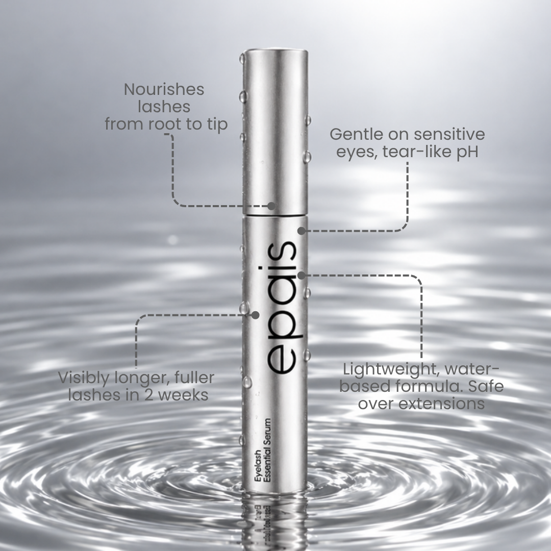 EPAIS Essential Eyelash Growth Serum tube standing in water with feature callouts