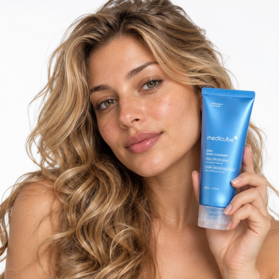 Woman with wavy hair holding Medicube Zero Foam Cleanser beside her face