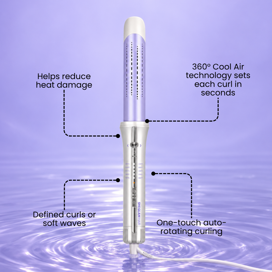 SHEGLAM HAIR One Touch Airflow Styler Pro curling iron with feature callouts