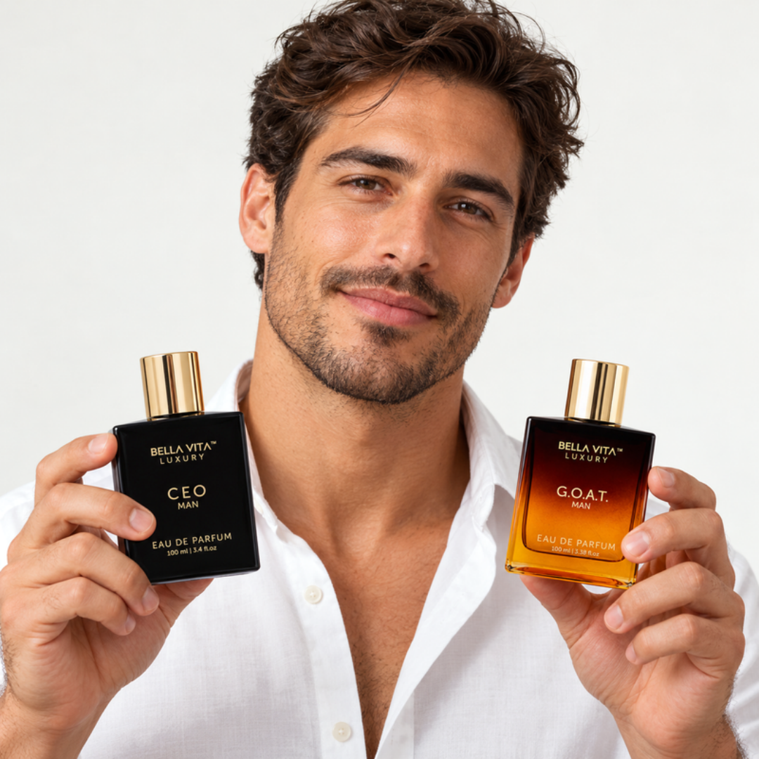Man holding Medicode Men's Cologne Gift Set bottles