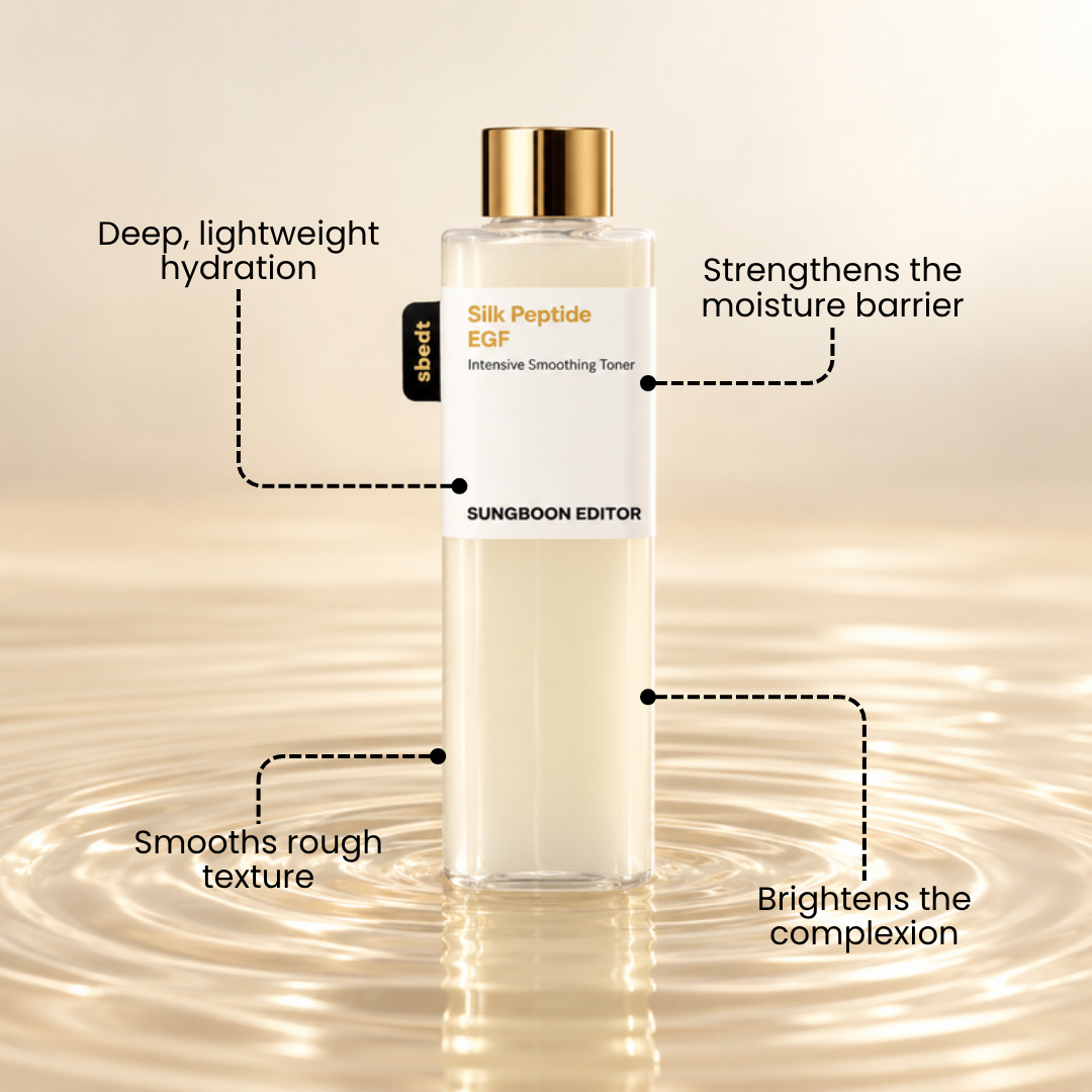 Sungboon Editor Silk Peptide EGF toner bottle with product benefit callouts