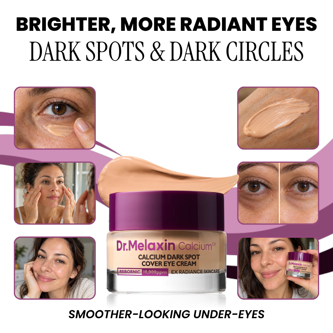 Dr.Melaxin Calcium Dark Spot Cover Eye Cream jar with photos of the tinted eye cream and brighter-looking under-eyes