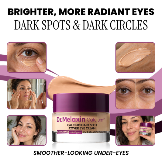 Dr.Melaxin Calcium Dark Spot Cover Eye Cream jar with photos of the tinted eye cream and brighter-looking under-eyes