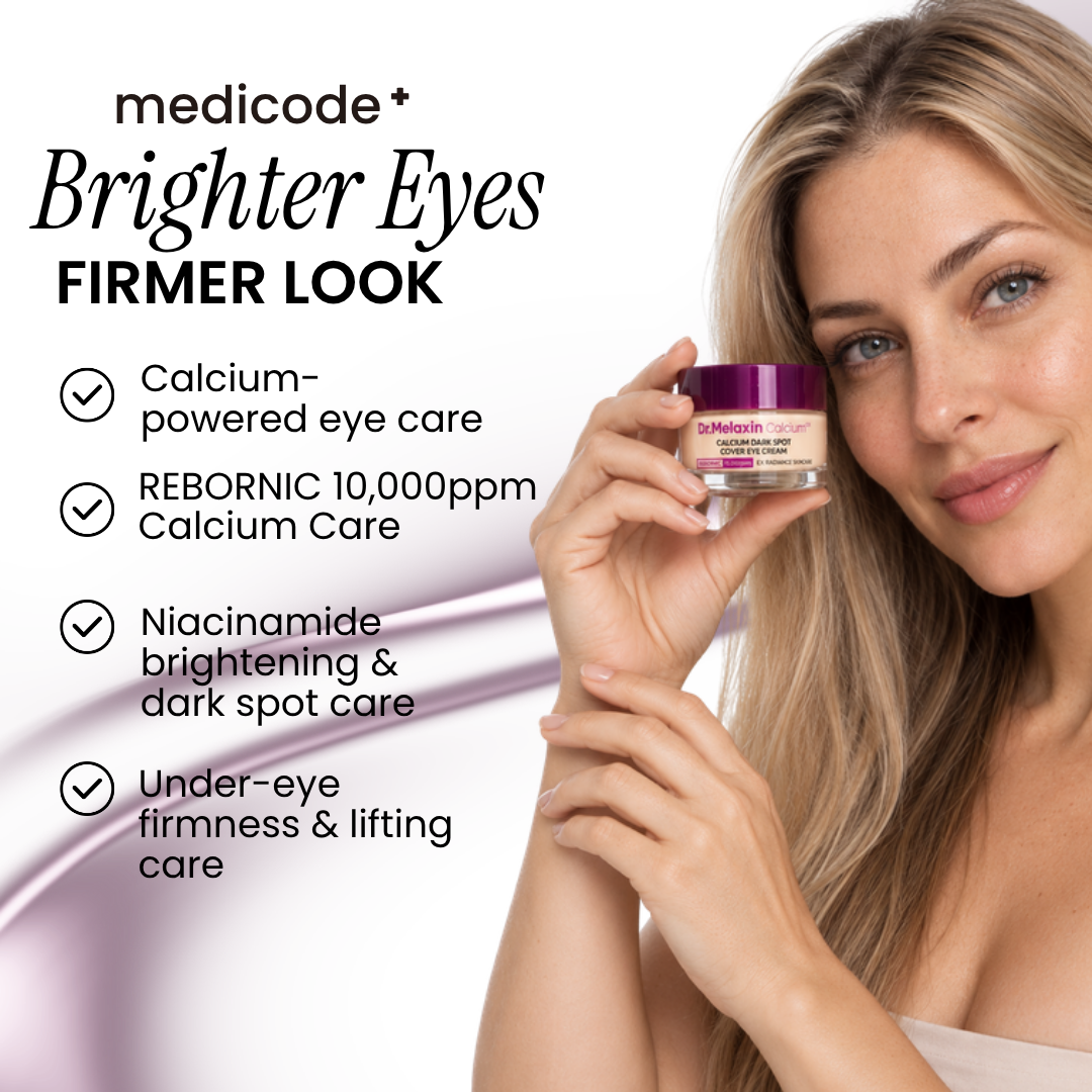 Woman holding Dr.Melaxin Calcium Dark Spot Cover Eye Cream next to her face