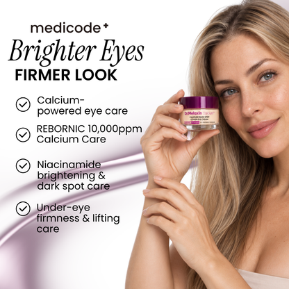 Woman holding Dr.Melaxin Calcium Dark Spot Cover Eye Cream next to her face