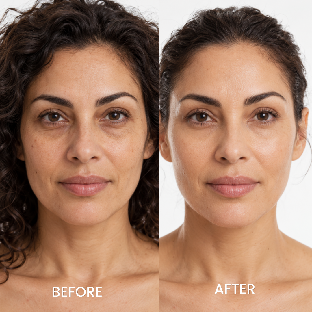 Before and after portrait of a woman using Dr.Melaxin Calcium Eye Cream