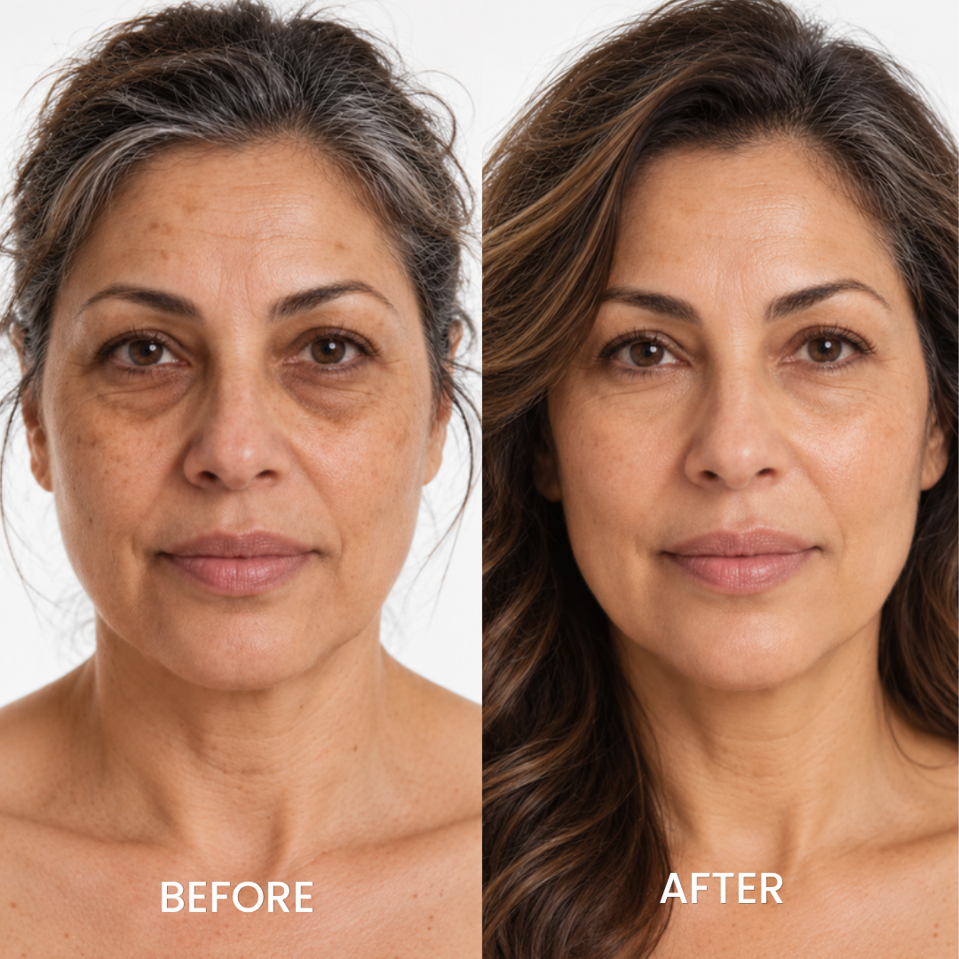 Before and after portrait of a woman using Dr.Melaxin Calcium Eye Cream
