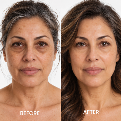 Before and after portrait of a woman using Dr.Melaxin Calcium Eye Cream