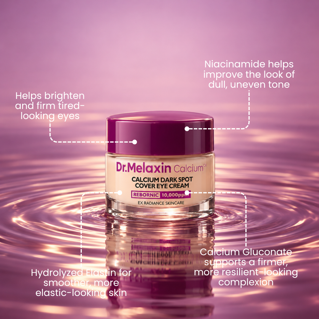 Dr.Melaxin Calcium Dark Spot Cover Eye Cream jar on rippling purple water