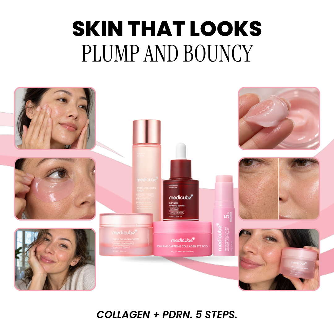 Medicube 5-step collagen and PDRN skincare set with close-up skin photos