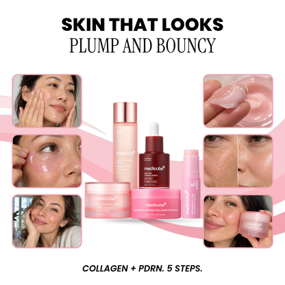 Medicube 5-step collagen and PDRN skincare set with close-up skin photos
