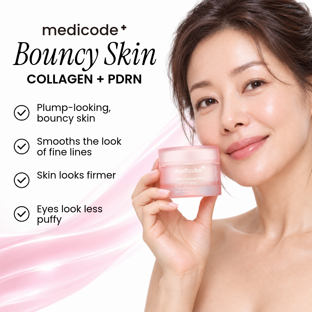 Woman holding Medicube Triple Collagen Cream beside a list of benefits