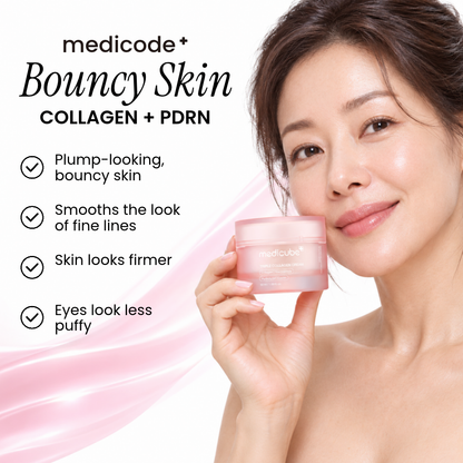 Woman holding Medicube Triple Collagen Cream beside a list of benefits