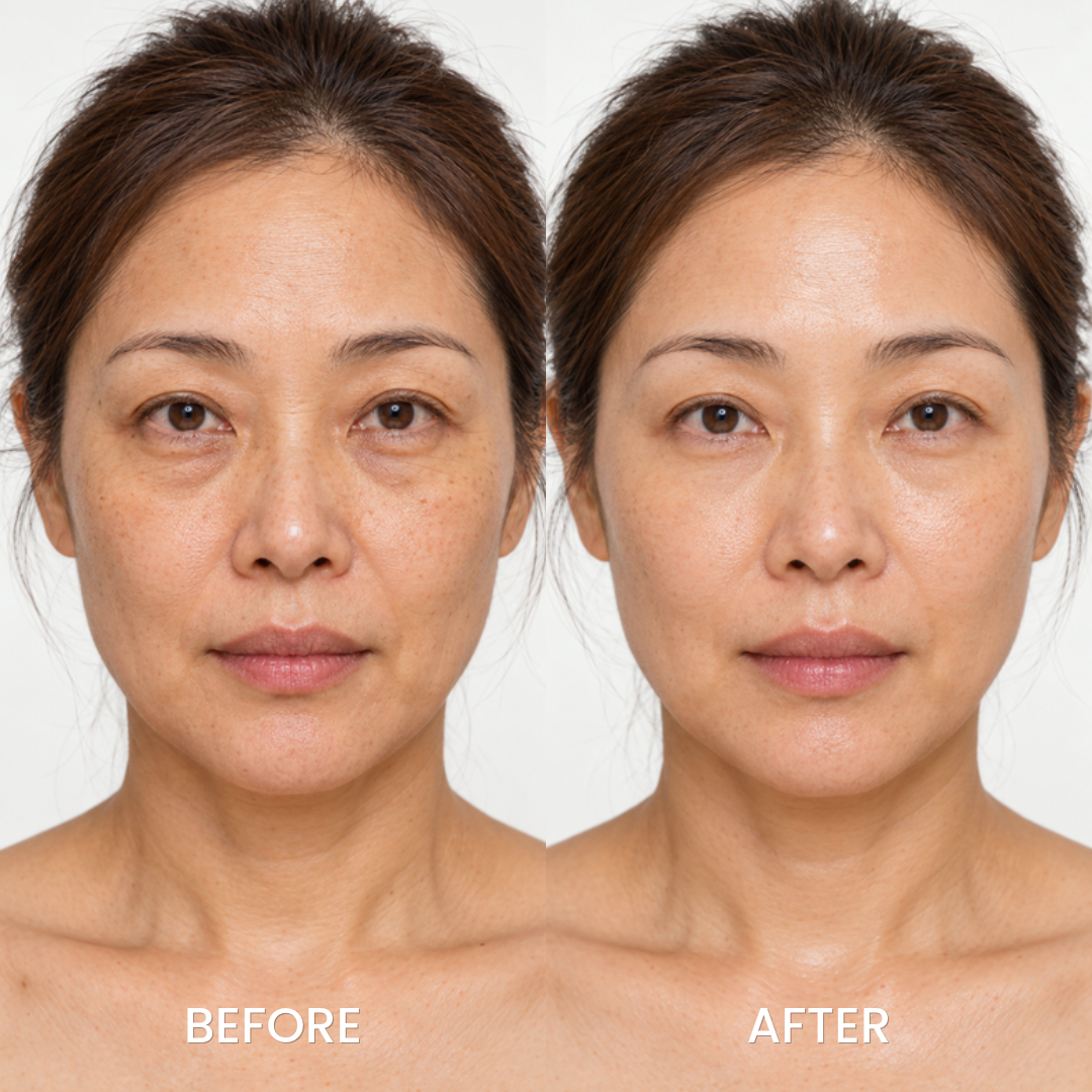 Before and after portrait of a woman using the Medicube skincare set