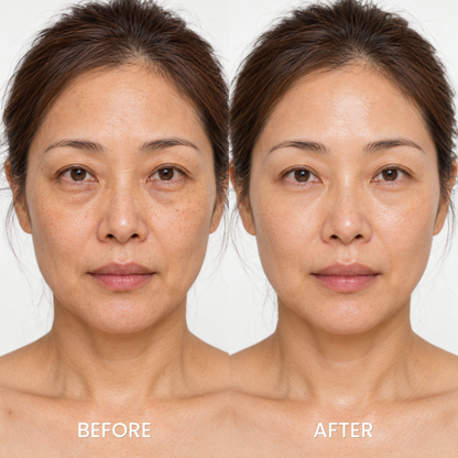 Before and after portrait of a woman using the Medicube skincare set