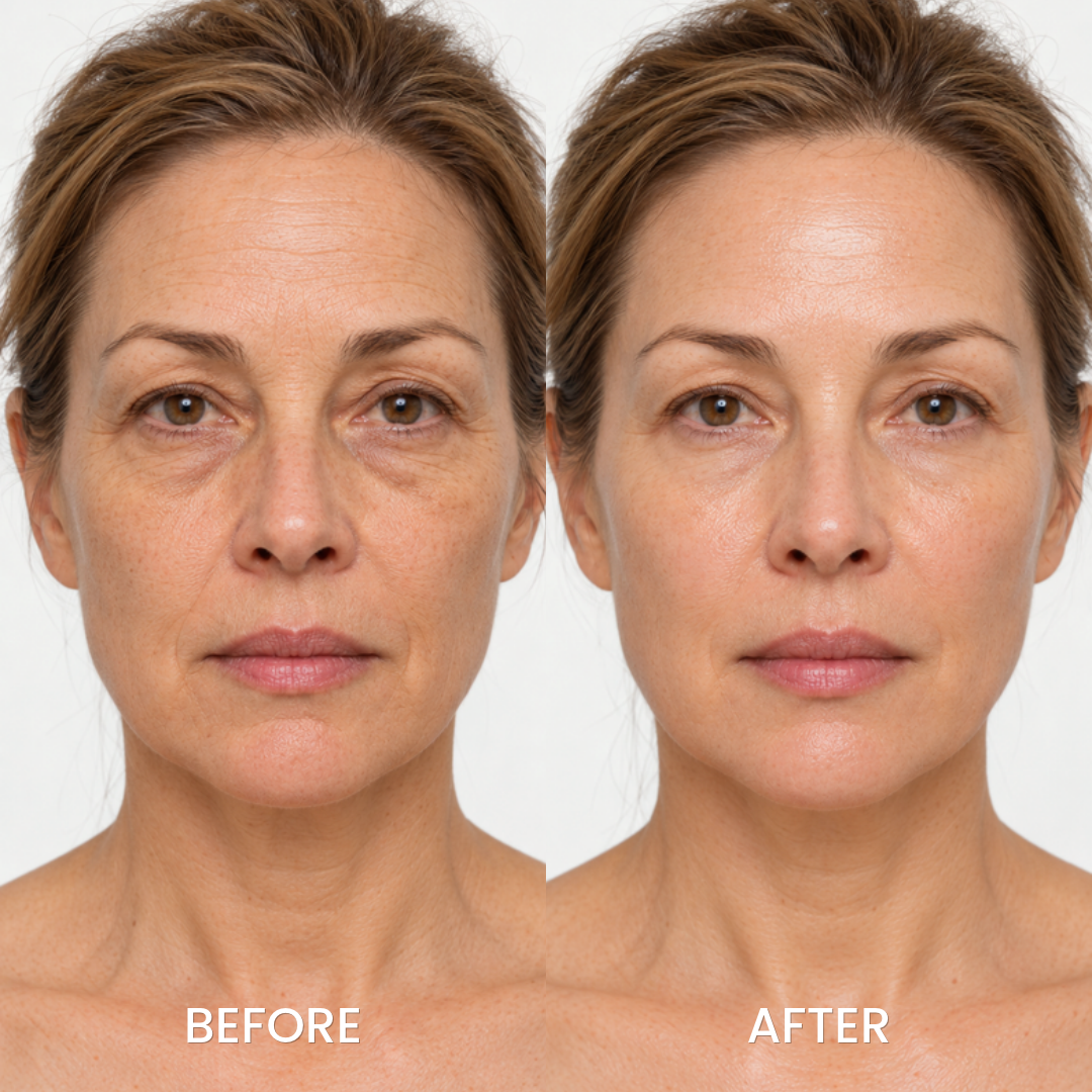 Before and after portrait of a woman using the Medicube skincare set