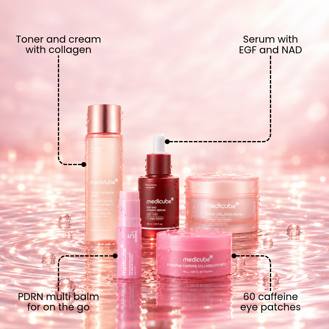 Medicube five-piece skincare set on a pink water surface with labels