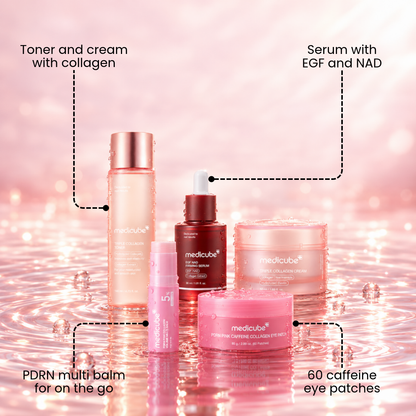 Medicube five-piece skincare set on a pink water surface with labels