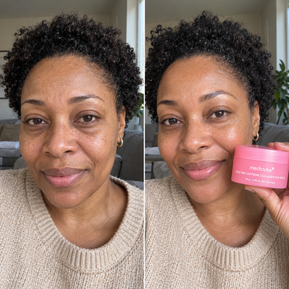 Medicube collagen set, look of glowing skin before and after one routine