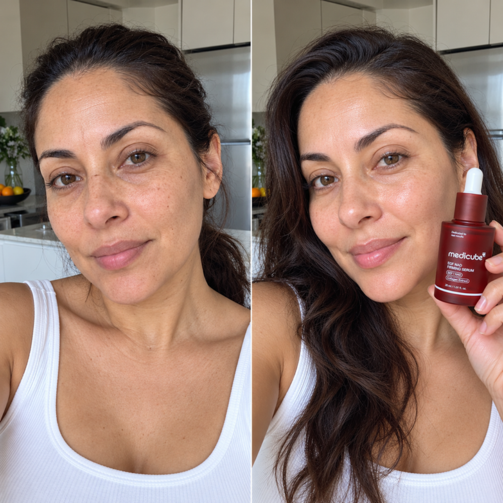 Medicube collagen set, look of smoother skin before and after one routine