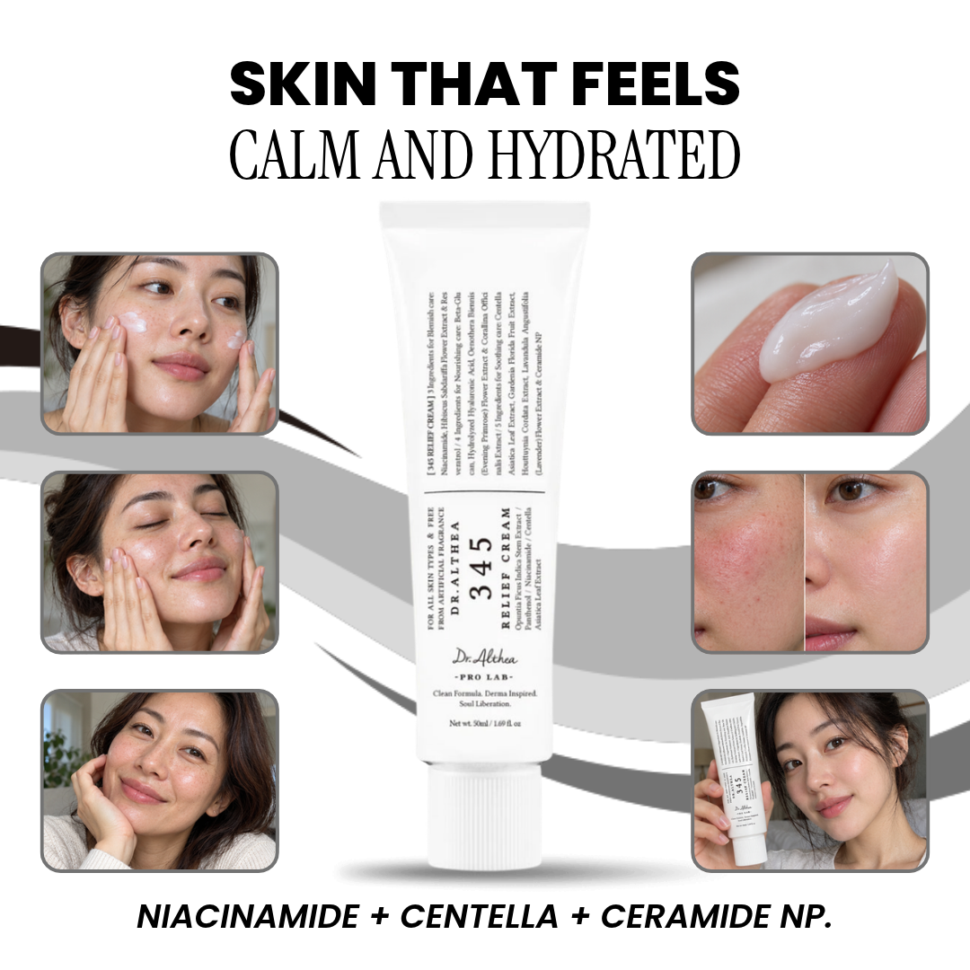 Medicode 345 Relief Cream tube with skin close-ups and ingredient highlights