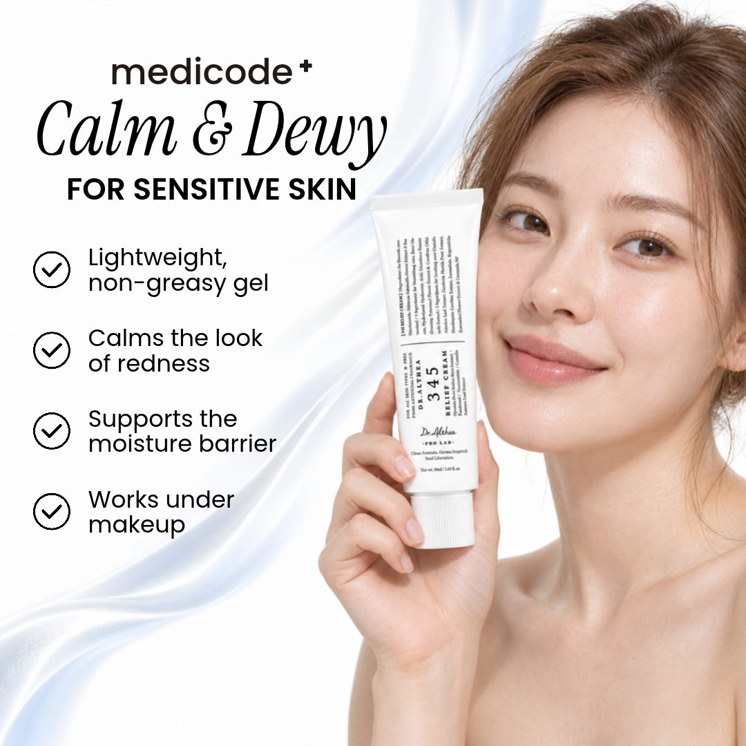 Woman holding Medicode 345 Relief Cream with a list of product features