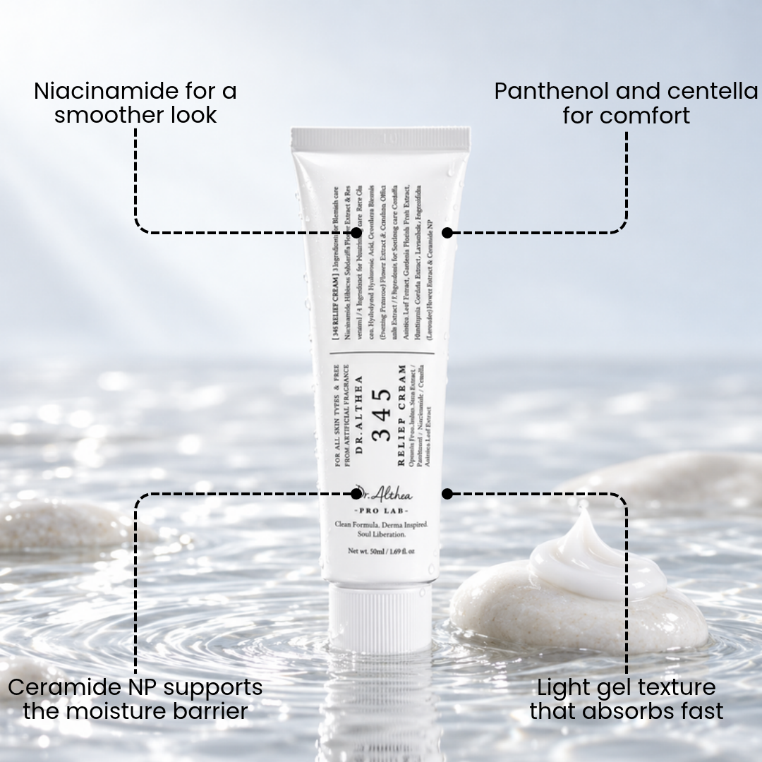 Medicode 345 Relief Cream tube standing in water with feature callouts