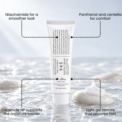 Medicode 345 Relief Cream tube standing in water with feature callouts