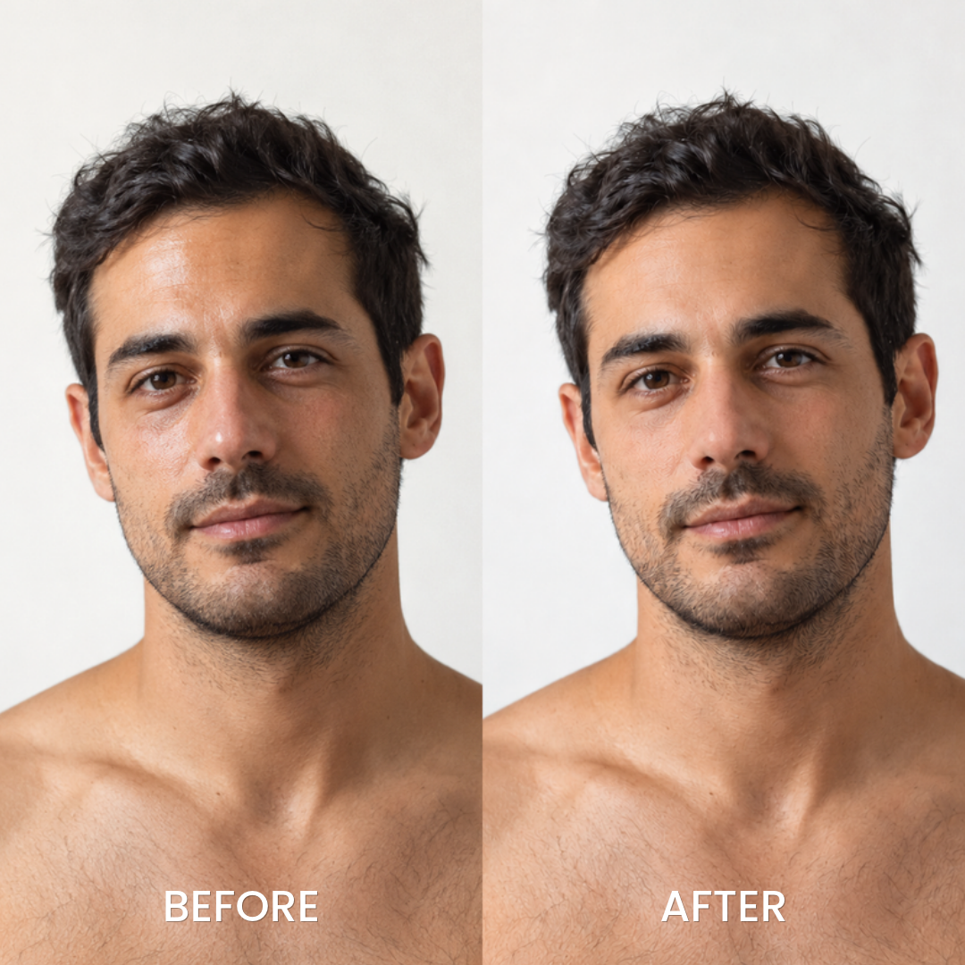 Before and after studio photos of a man's face