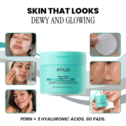 Anua Glow Pad PDRN + Hyaluron tub with photos of the pads in use