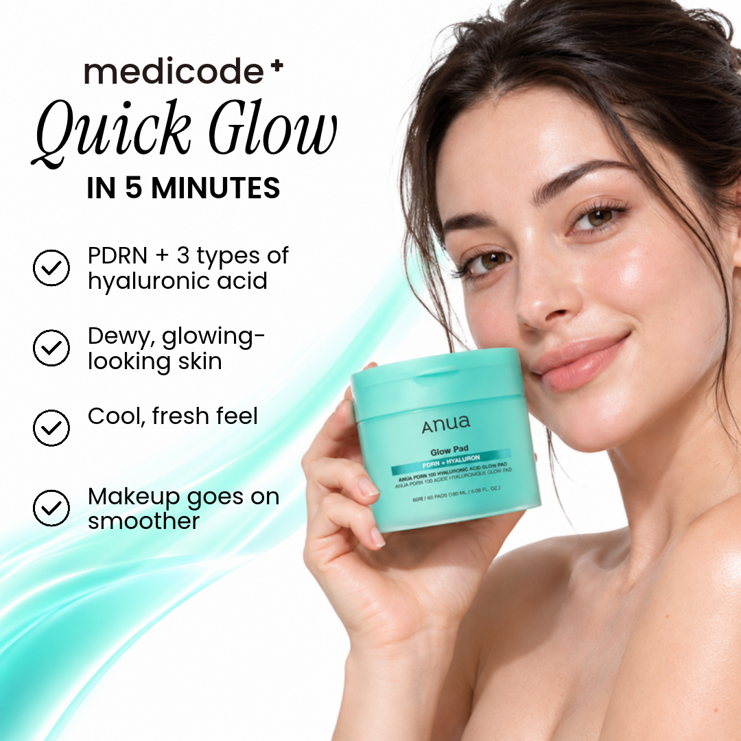 Woman holding the Anua Glow Pad PDRN + Hyaluron tub with a list of features