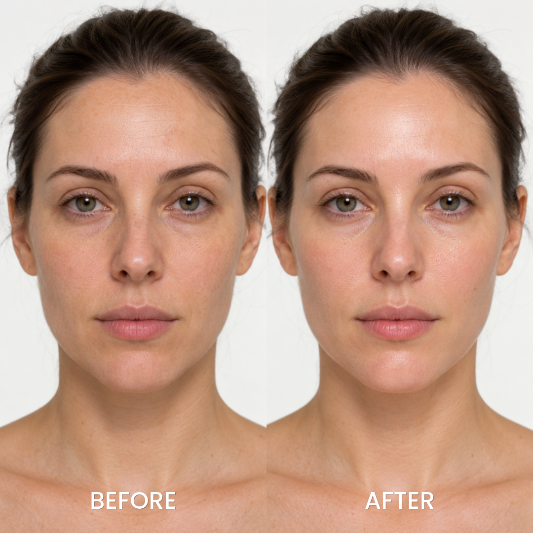 Before and after studio photos of a woman's face