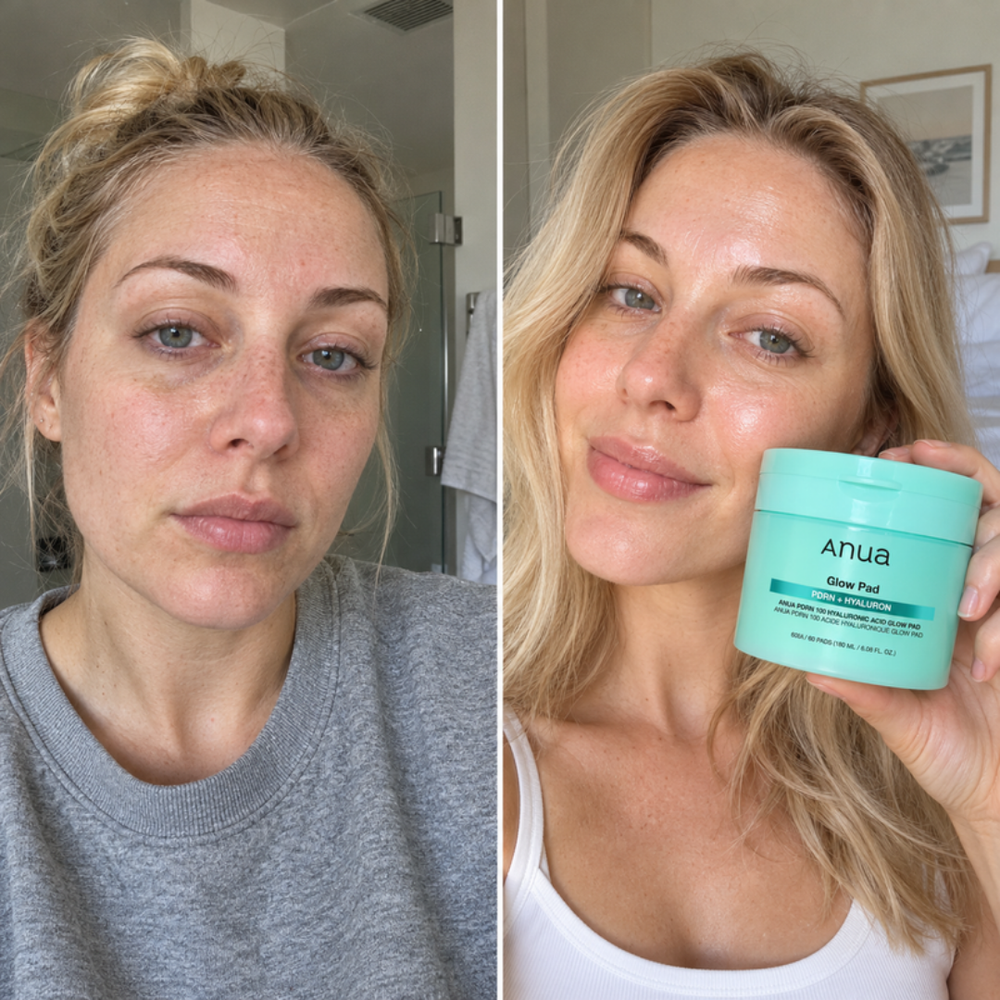 Anua glow pad, look of skin before and right after one hydrating pad