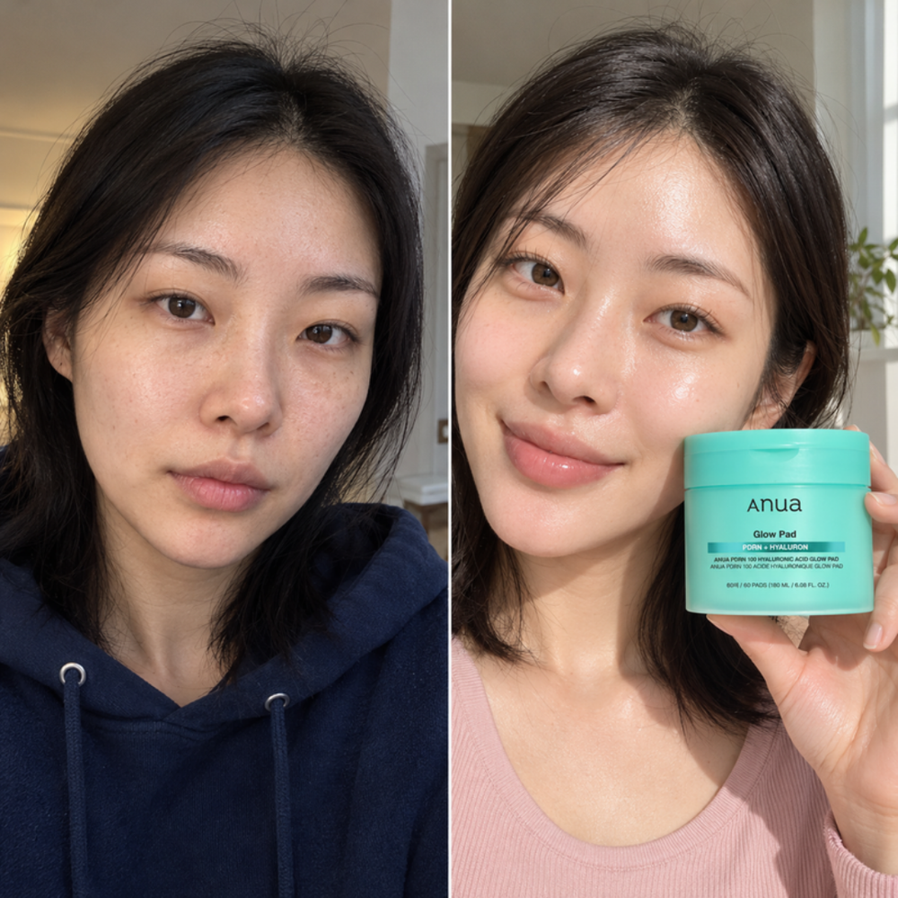 Anua glow pad, dewy look of skin before and after one PDRN toner pad