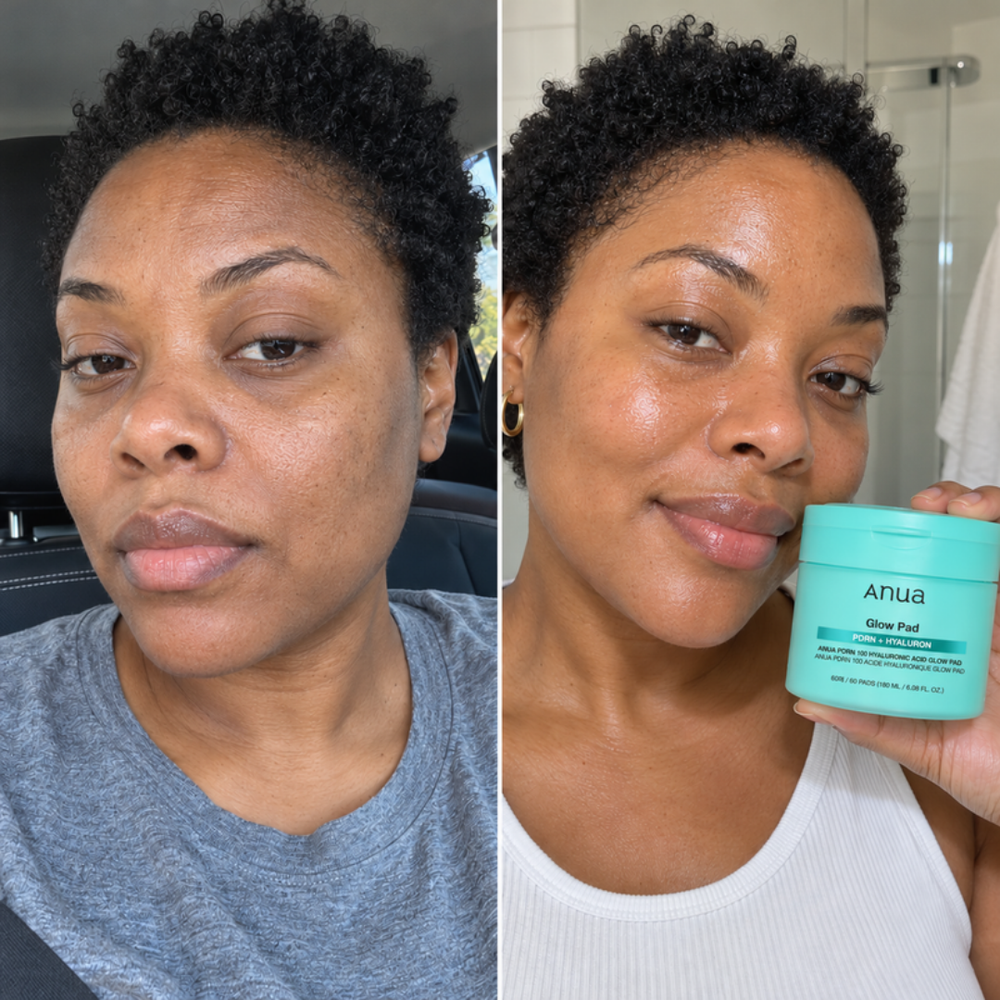 Anua hyaluronic acid glow pad, look of skin before and after one use