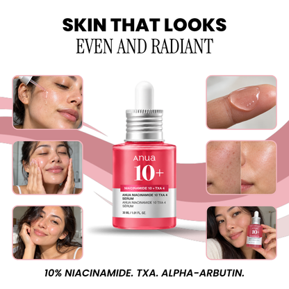 Anua Niacinamide 10+ Serum 30ml bottle with skin close-ups