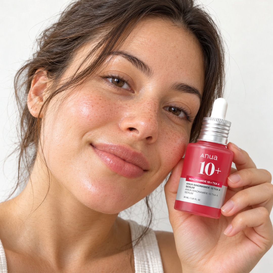 Woman holding Anua Niacinamide 10+ Serum 30ml beside her face