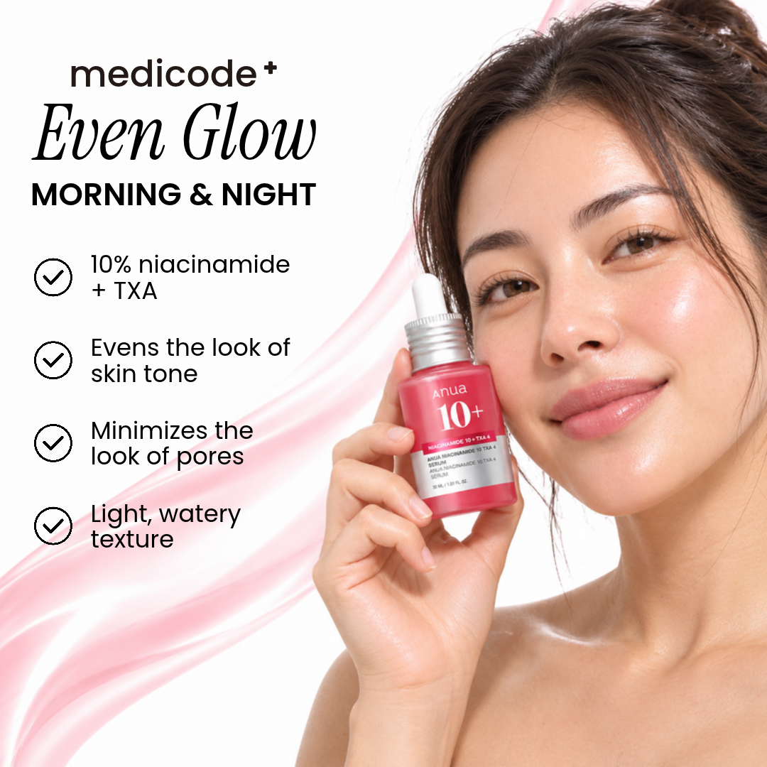 Woman holding Anua Niacinamide 10+ Serum 30ml with feature list