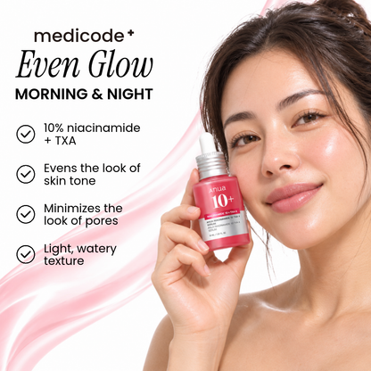 Woman holding Anua Niacinamide 10+ Serum 30ml with feature list