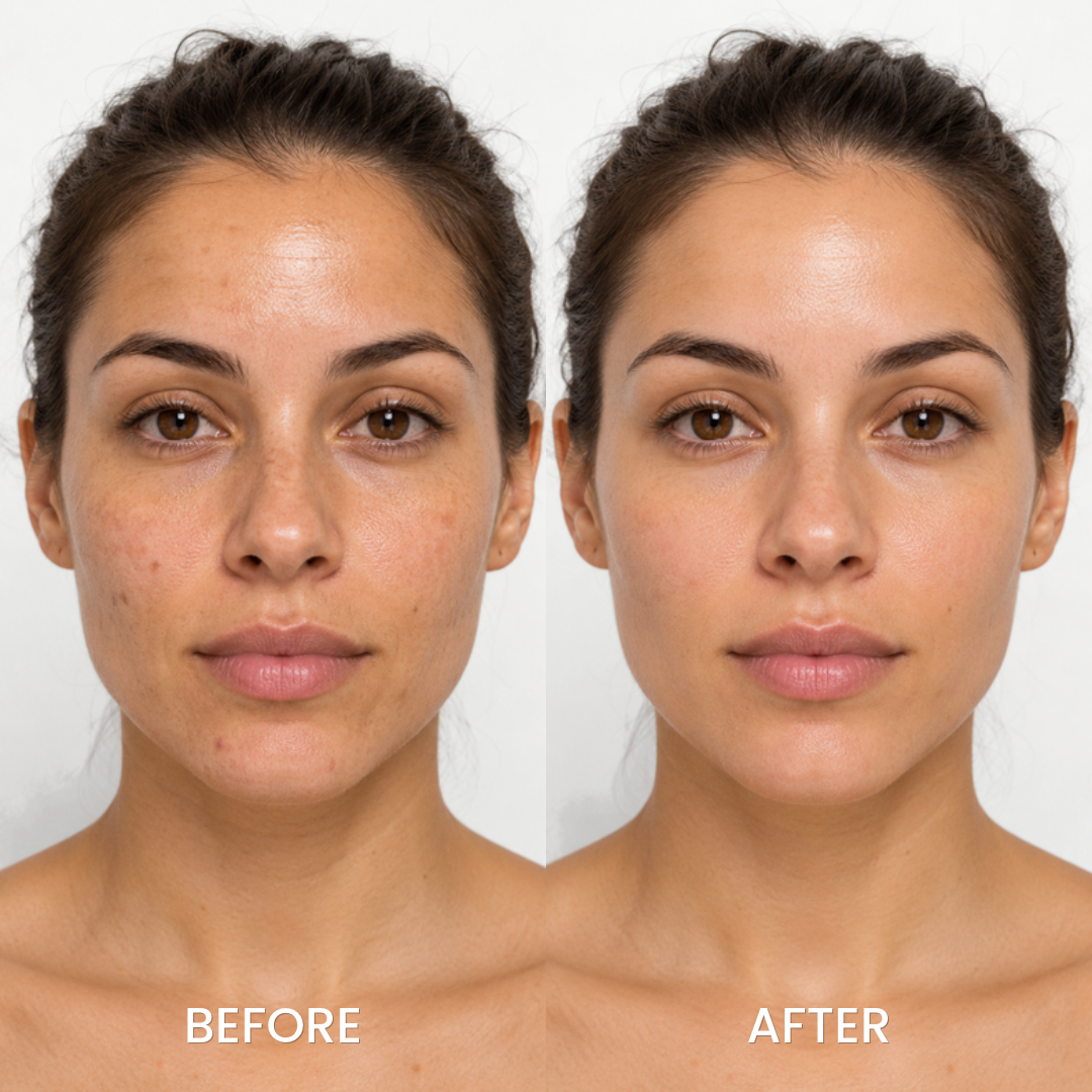 Before and after portrait of a woman using Anua Niacinamide 10+ Serum