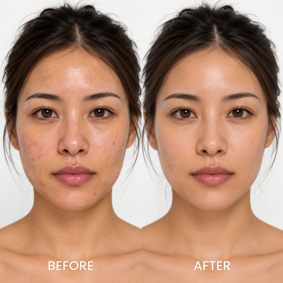 Before and after portrait of a woman using Anua Niacinamide 10+ Serum