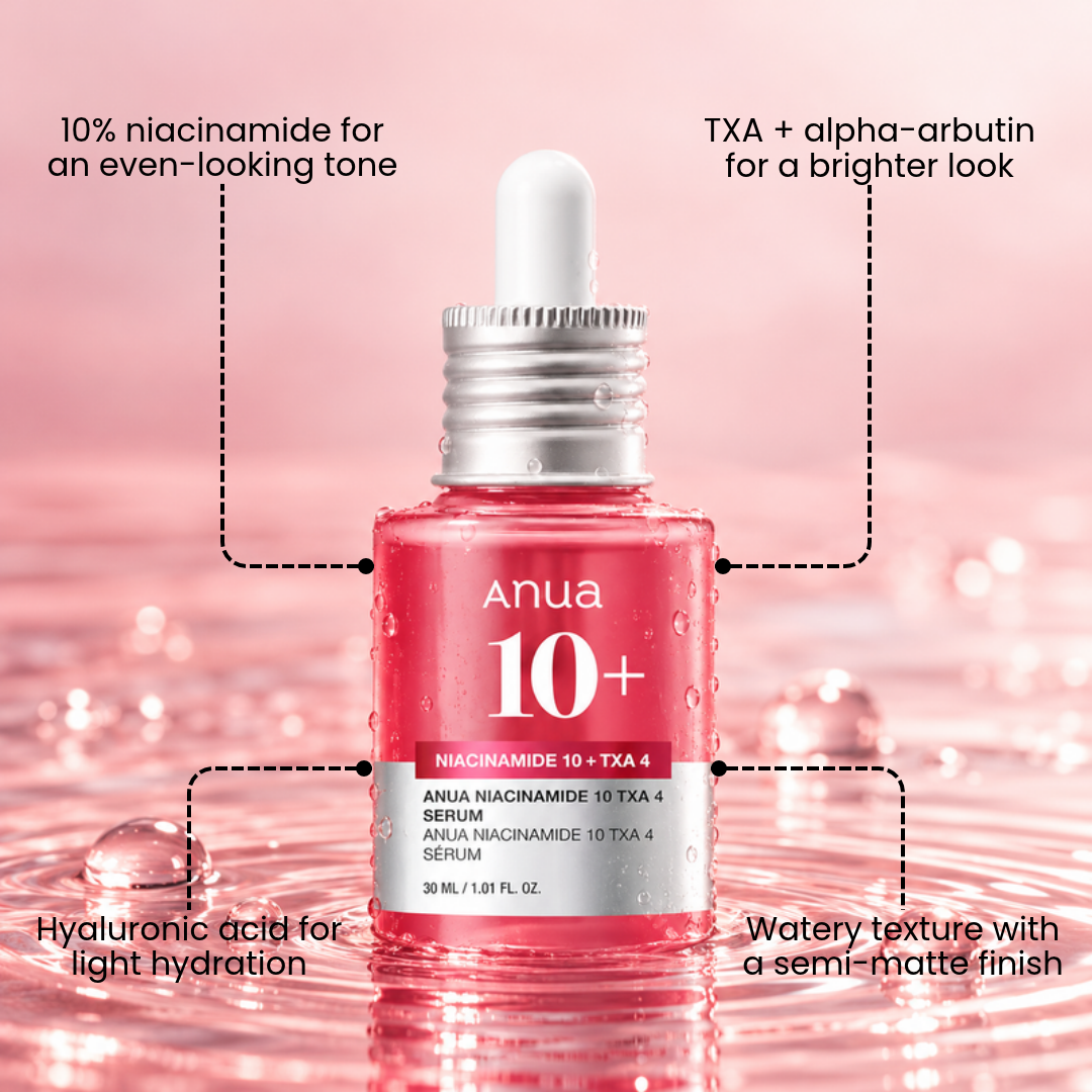 Anua Niacinamide 10+ Serum 30ml bottle on pink water surface