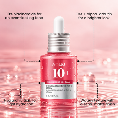 Anua Niacinamide 10+ Serum 30ml bottle on pink water surface