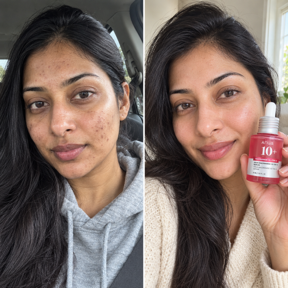 Anua Niacinamide 10+ Serum, look of pores and shine bare and after daily use