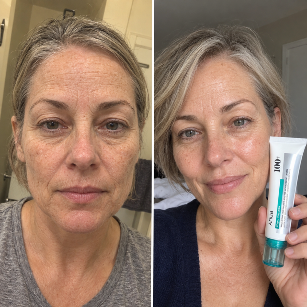 Anua PDRN moisturizing cream, bare skin next to a dewy look after one use