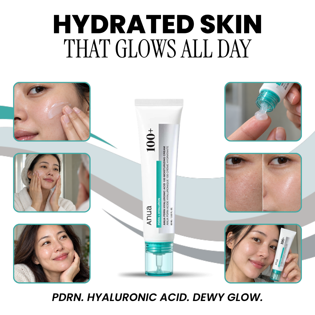 Anua PDRN Hyaluronic Acid 100 Moisturizing Cream tube with photos of the gel-cream texture and dewy skin