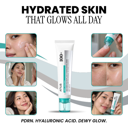 Anua PDRN Hyaluronic Acid 100 Moisturizing Cream tube with photos of the gel-cream texture and dewy skin