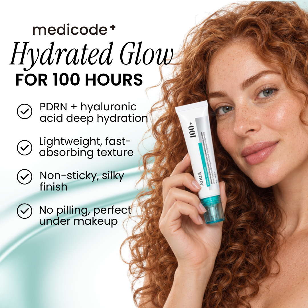 Woman holding Anua PDRN Hyaluronic Acid 100 Moisturizing Cream beside her face